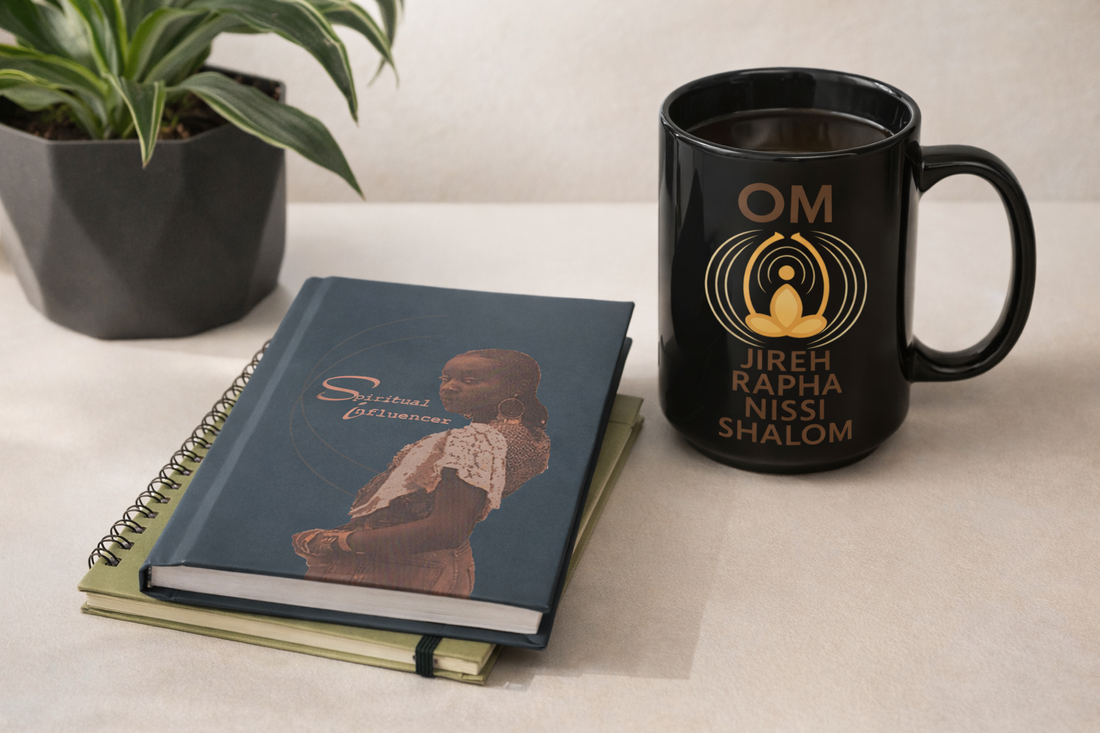 A journal and a black mug resting on a light tabletop beside a small plant, lit by soft natural light.