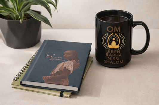 A journal and a black mug resting on a light tabletop beside a small plant, lit by soft natural light.
