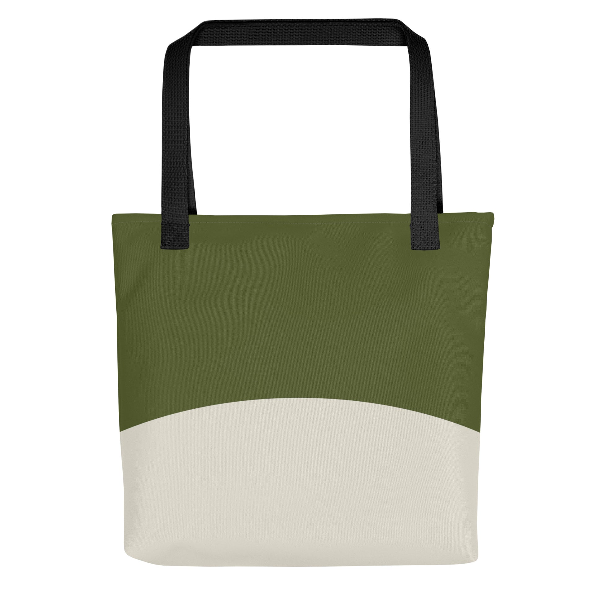 Spiritual Influencer Core Tote in Sacred Olive and Sand with black handles, rear view.