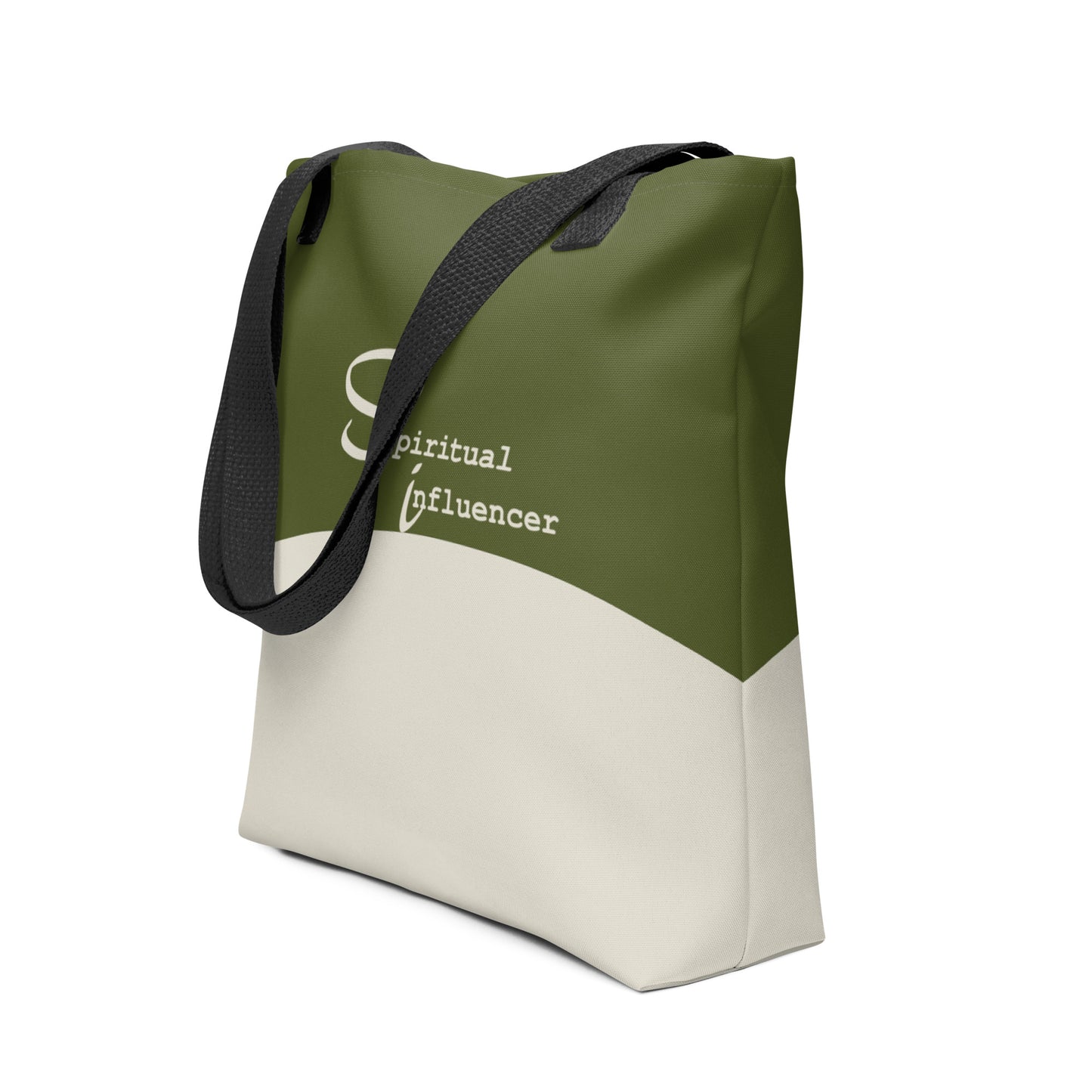Angled view of the Spiritual Influencer Core Tote featuring olive and sand curved design with black straps.”