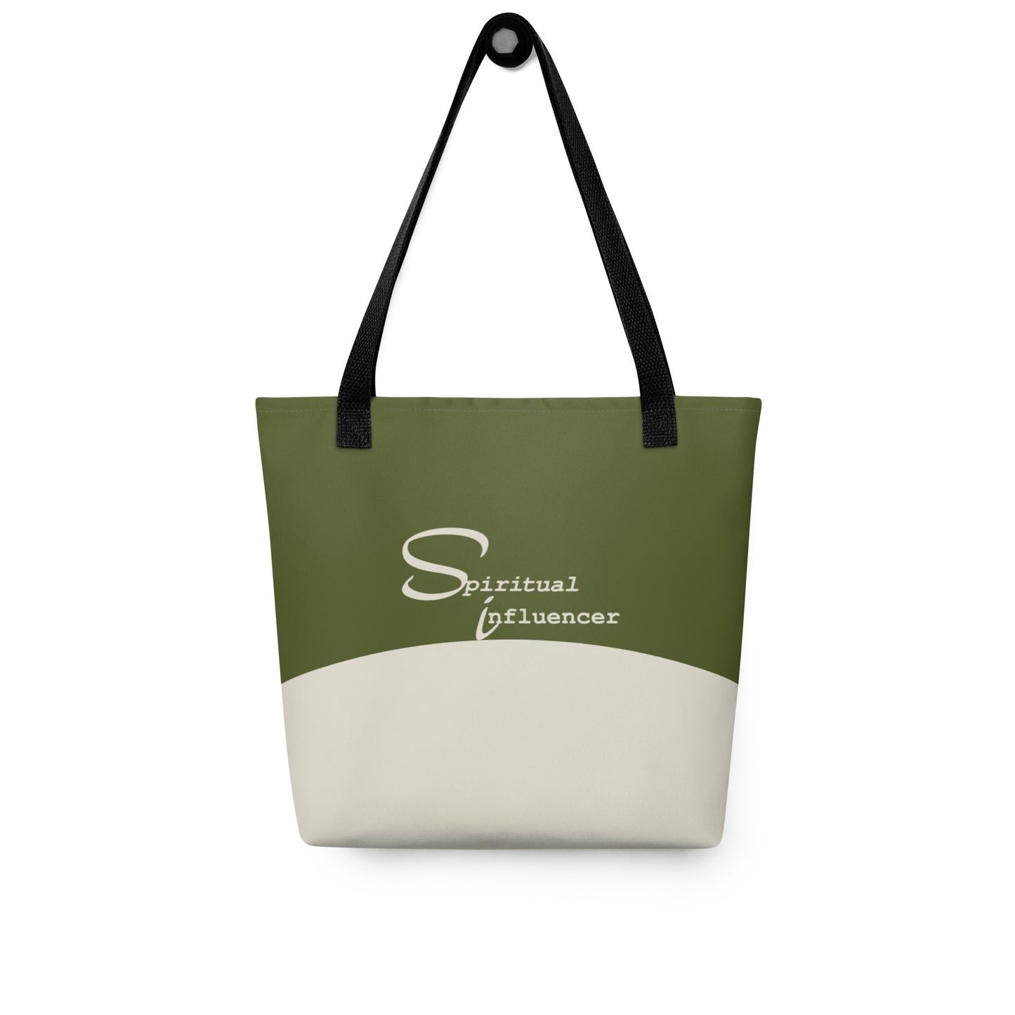 Spiritual Influencer Core Tote in Sacred Olive and Sand with black handles, front view.