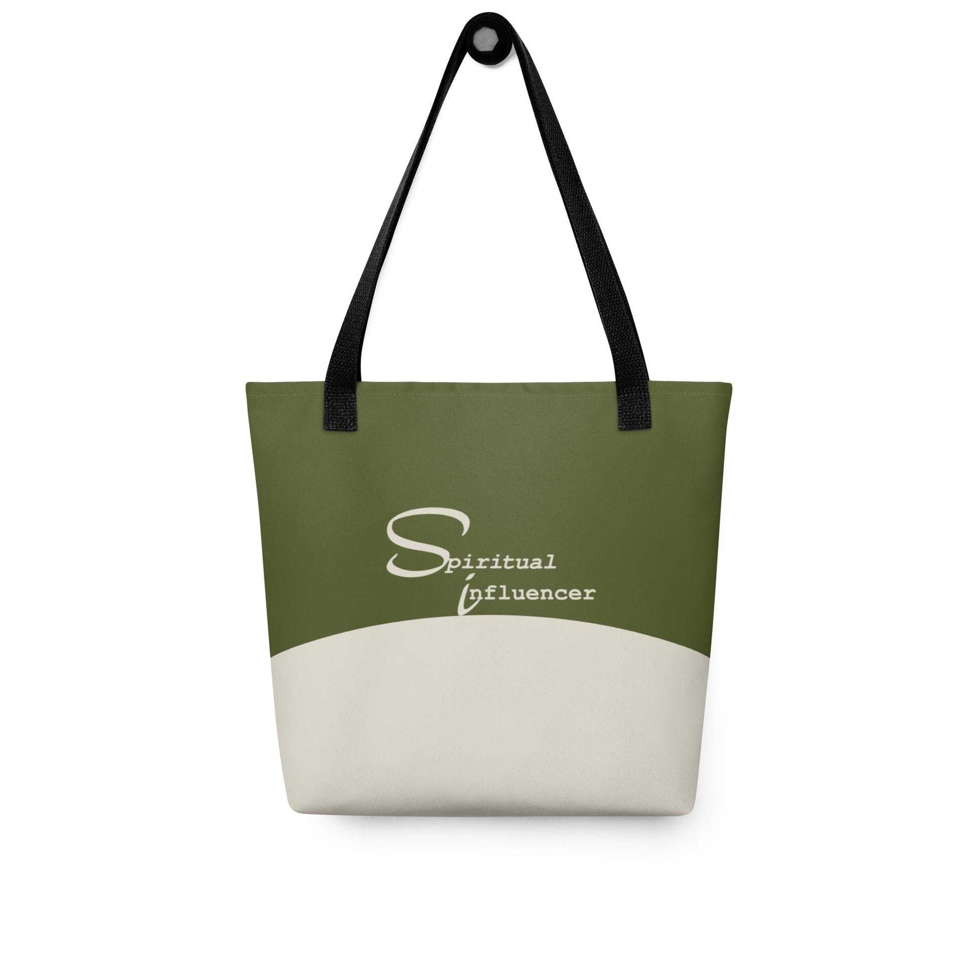 Spiritual Influencer Core Tote in Sacred Olive and Sand with black handles, front view.