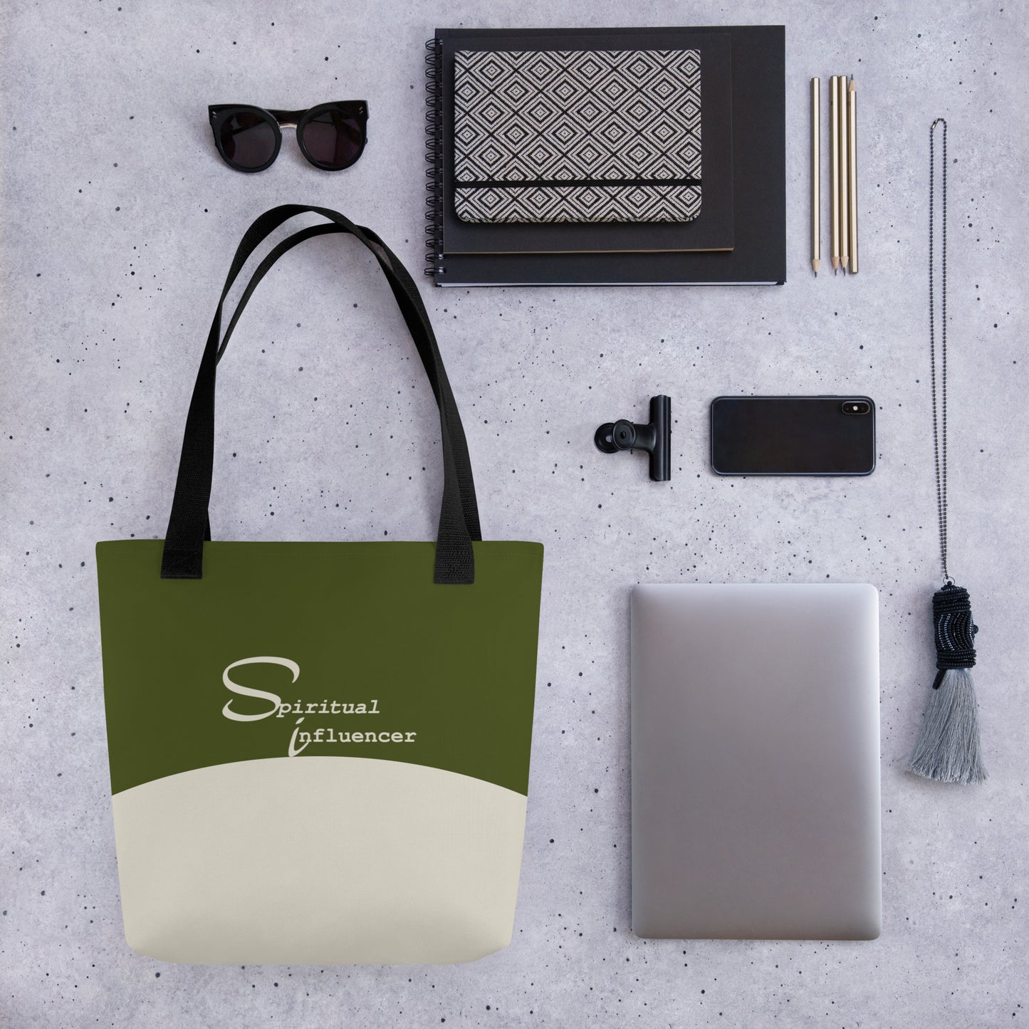 Spiritual Influencer Core Tote in Sacred Olive and Sand with black handles, front view.