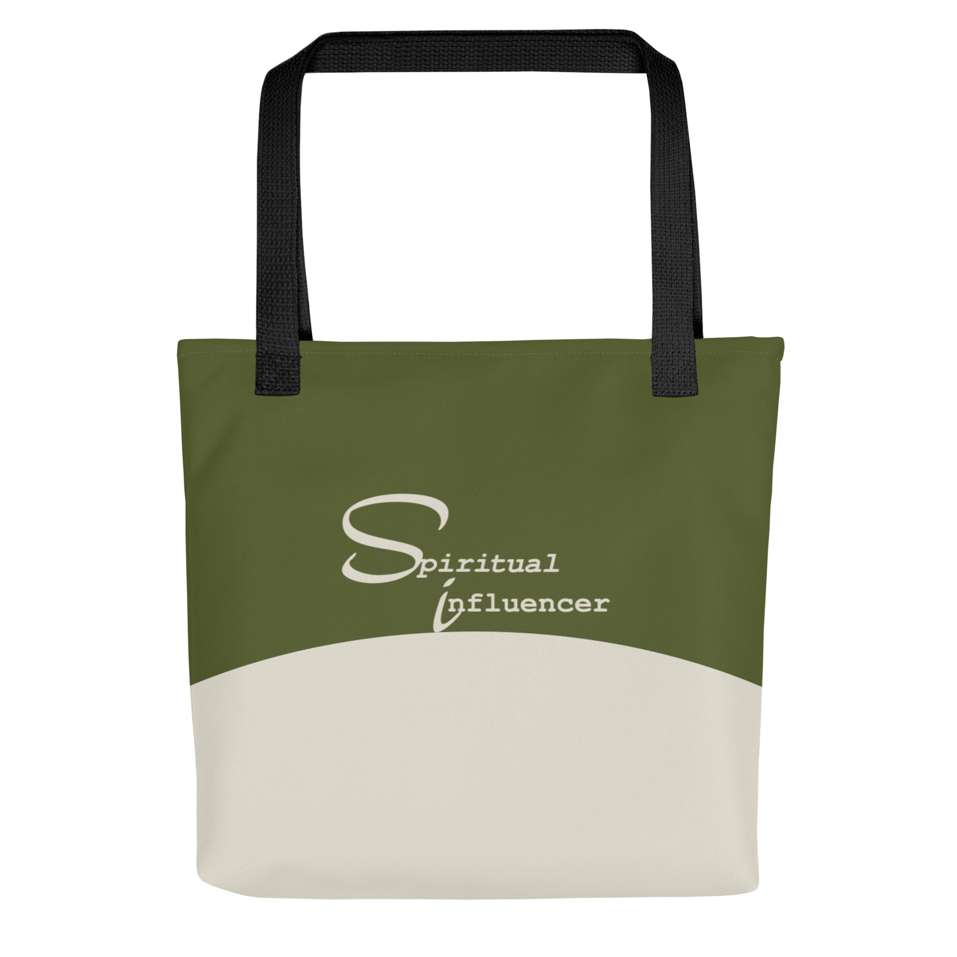 Spiritual Influencer Core Tote in Sacred Olive and Sand with black handles, front view.